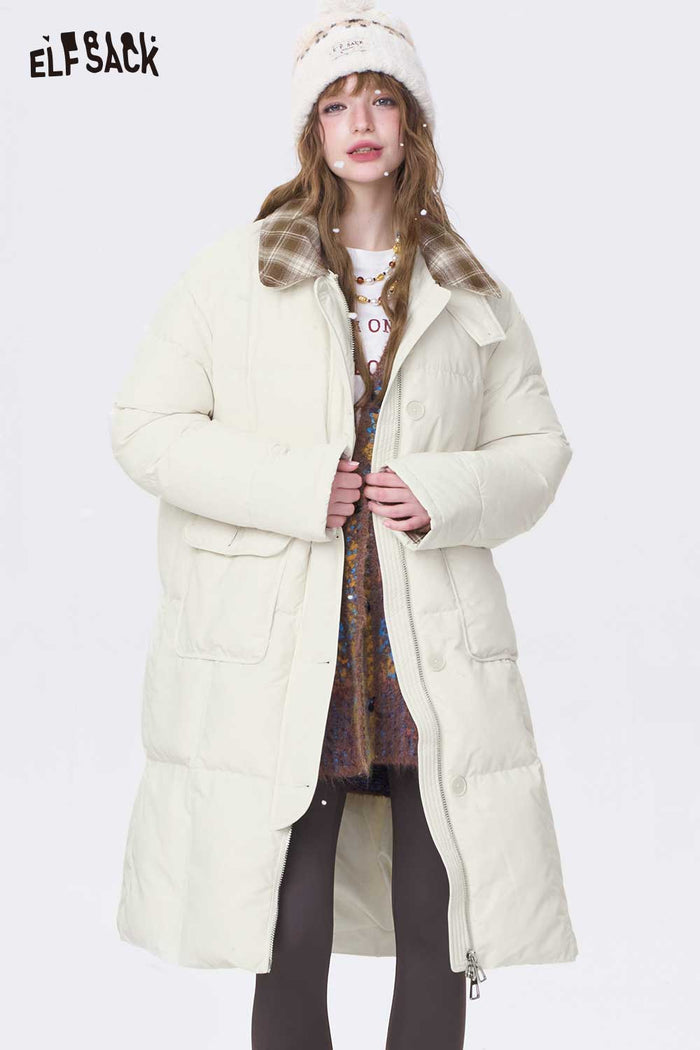 ELFSACK Minimalist Casual Preppy Stripe Lapel Long Down Coat