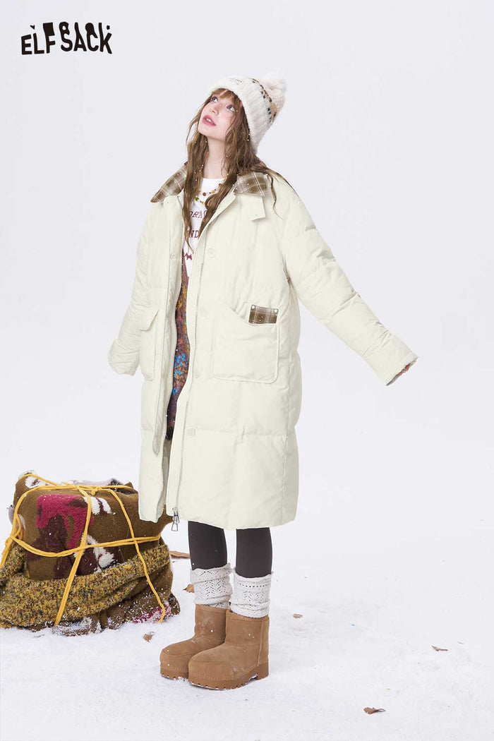 ELFSACK Minimalist Casual Preppy Stripe Lapel Long Down Coat