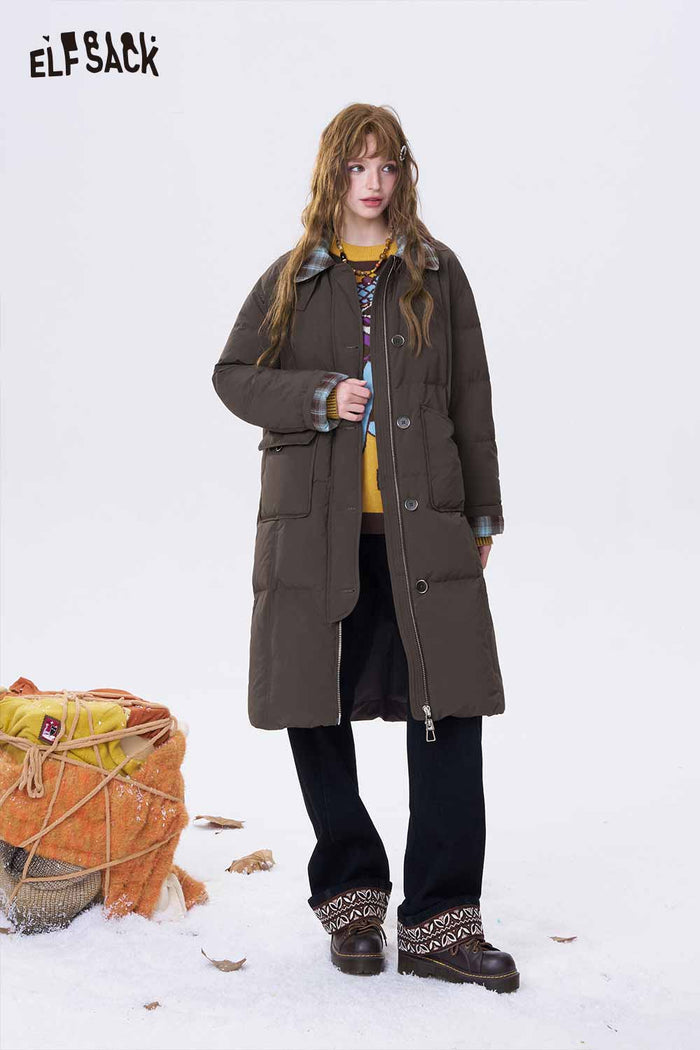 ELFSACK Minimalist Casual Preppy Stripe Lapel Long Down Coat
