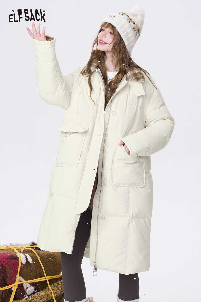 ELFSACK Minimalist Casual Preppy Stripe Lapel Long Down Coat