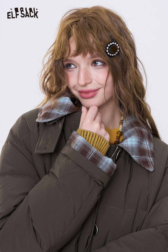 ELFSACK Minimalist Casual Preppy Stripe Lapel Long Down Coat