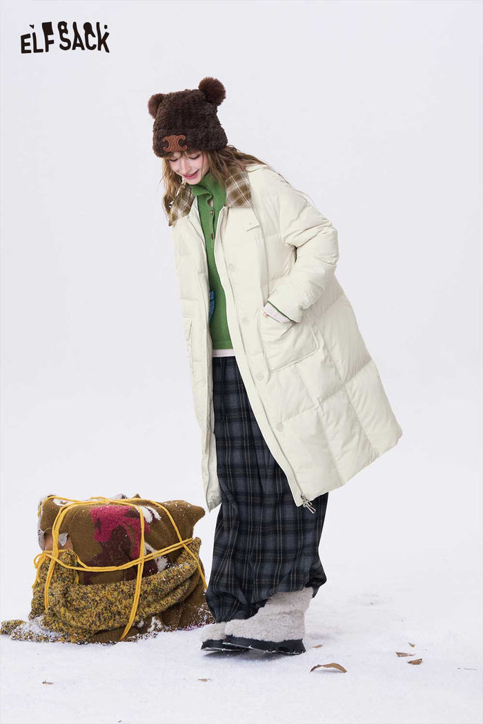 ELFSACK Minimalist Casual Preppy Stripe Lapel Long Down Coat