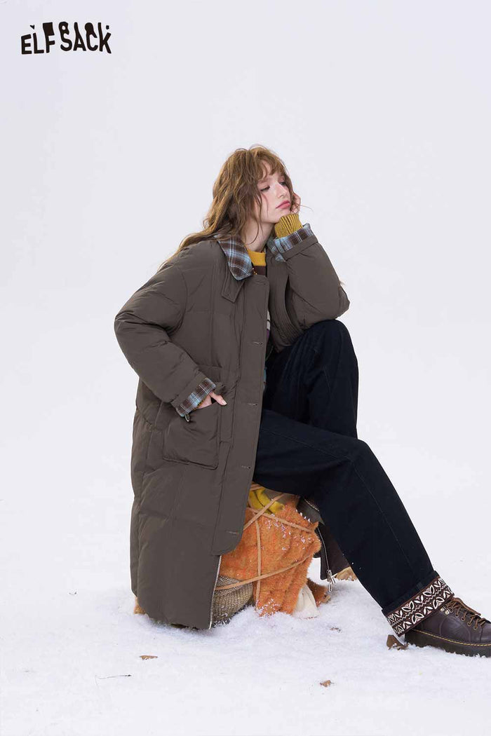 ELFSACK Minimalist Casual Preppy Stripe Lapel Long Down Coat