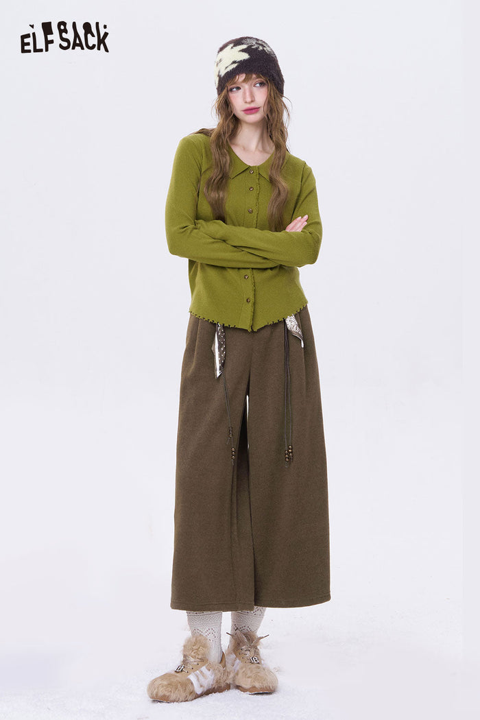 ELFSACK Minimalist Casual Solid Decorative Belt Wide Leg Cropped Pants