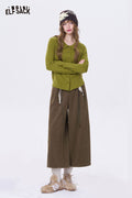 ELFSACK Minimalist Casual Solid Decorative Belt Wide Leg Cropped Pants