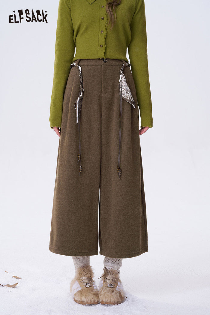 ELFSACK Minimalist Casual Solid Decorative Belt Wide Leg Cropped Pants