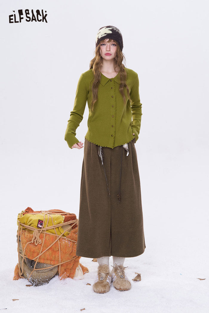 ELFSACK Minimalist Casual Solid Decorative Belt Wide Leg Cropped Pants