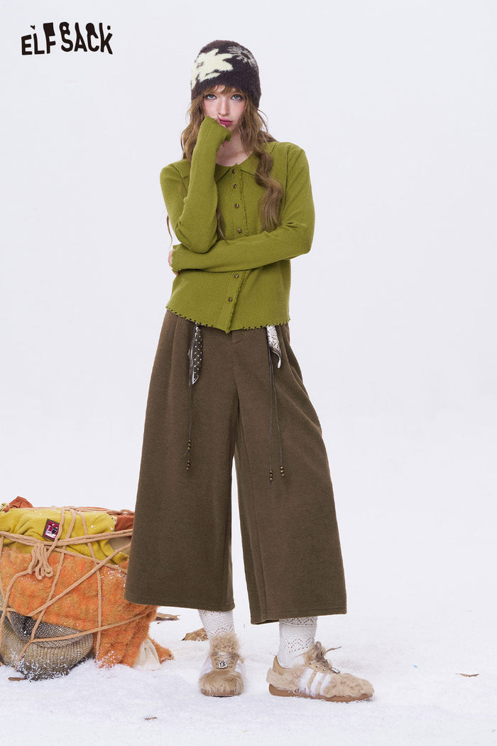 ELFSACK Minimalist Casual Solid Decorative Belt Wide Leg Cropped Pants
