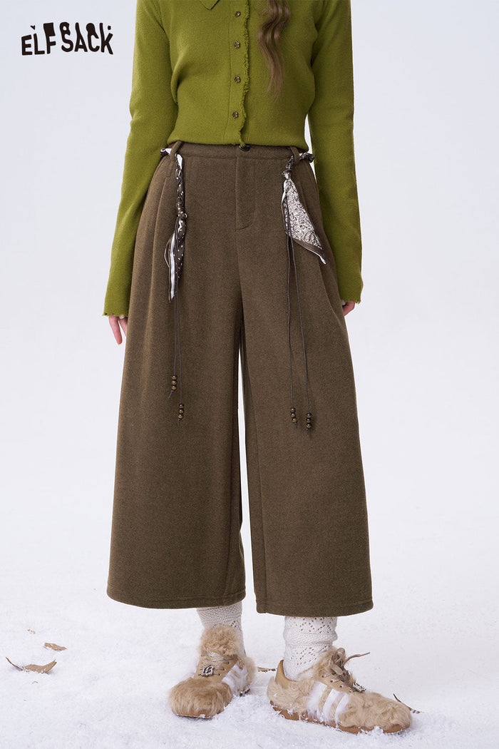 ELFSACK Minimalist Casual Solid Decorative Belt Wide Leg Cropped Pants