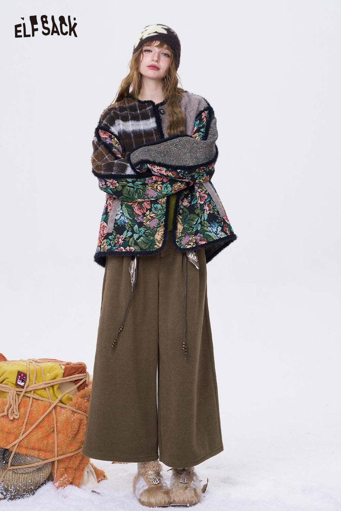 ELFSACK Minimalist Casual Solid Decorative Belt Wide Leg Cropped Pants