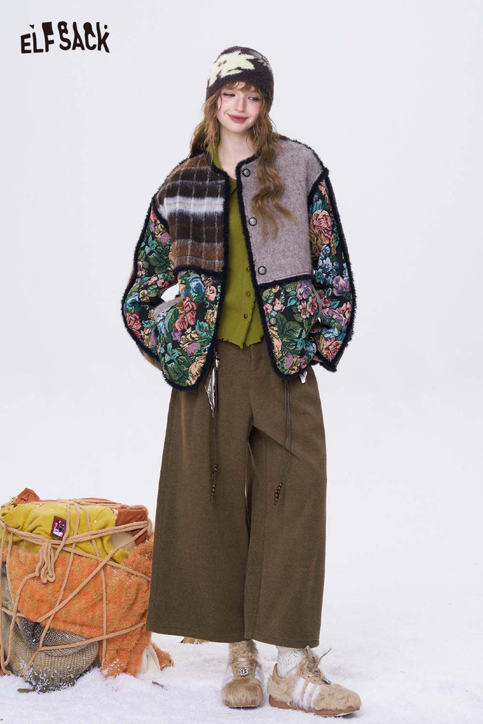 ELFSACK Minimalist Casual Solid Decorative Belt Wide Leg Cropped Pants
