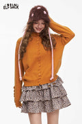 ELFSACK Minimalist Design Solid Ruffle Button Knitwear