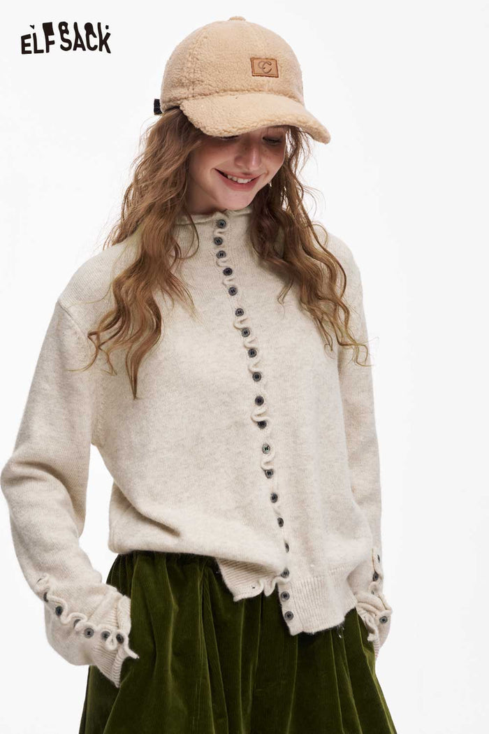 ELFSACK Minimalist Design Solid Ruffle Button Knitwear