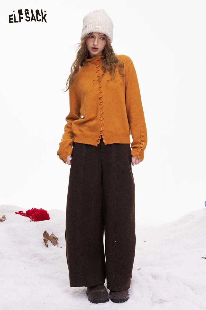 ELFSACK Minimalist Design Solid Ruffle Button Knitwear