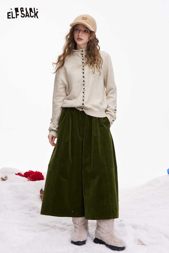ELFSACK Minimalist Design Solid Ruffle Button Knitwear