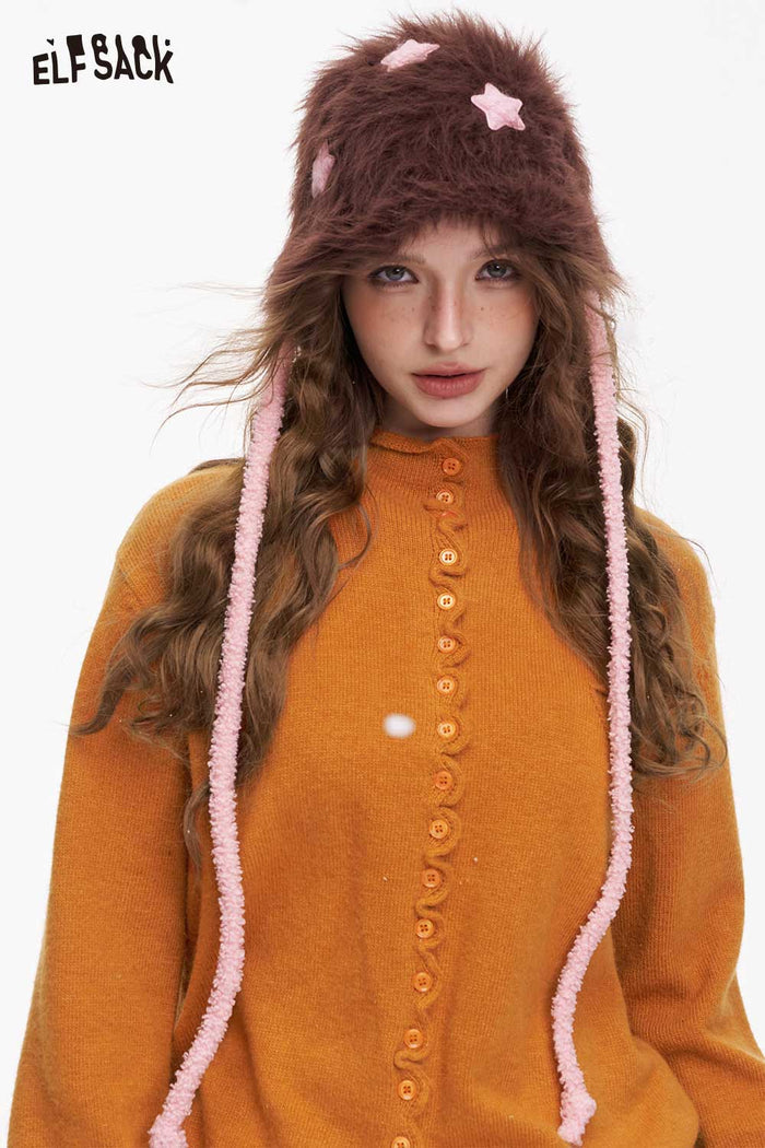 ELFSACK Minimalist Design Solid Ruffle Button Knitwear