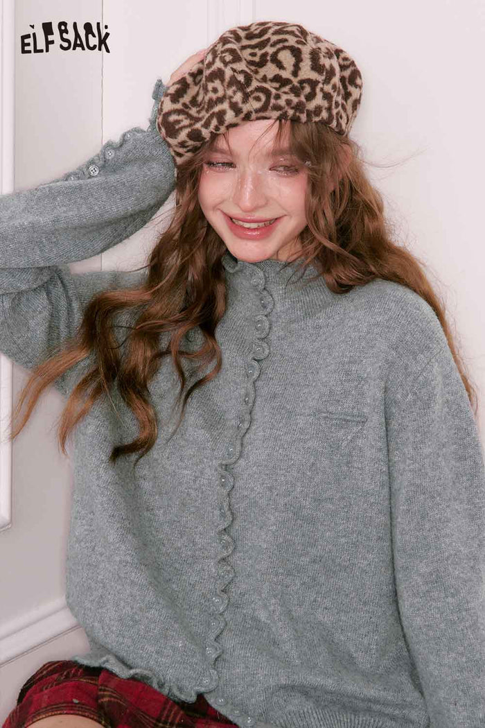 ELFSACK Minimalist Design Solid Ruffle Button Knitwear