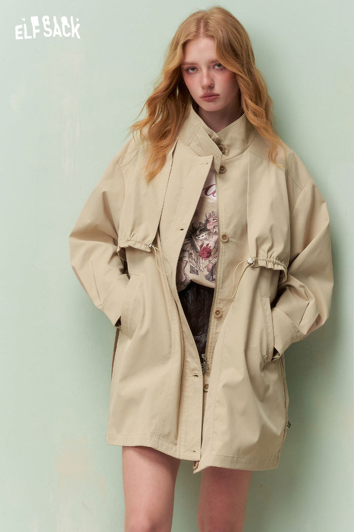 ELFSACK Minimalist Drawstring Waist Belt Beige Trench Coat