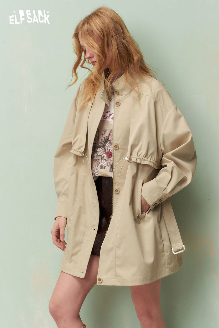 ELFSACK Minimalist Drawstring Waist Belt Beige Trench Coat