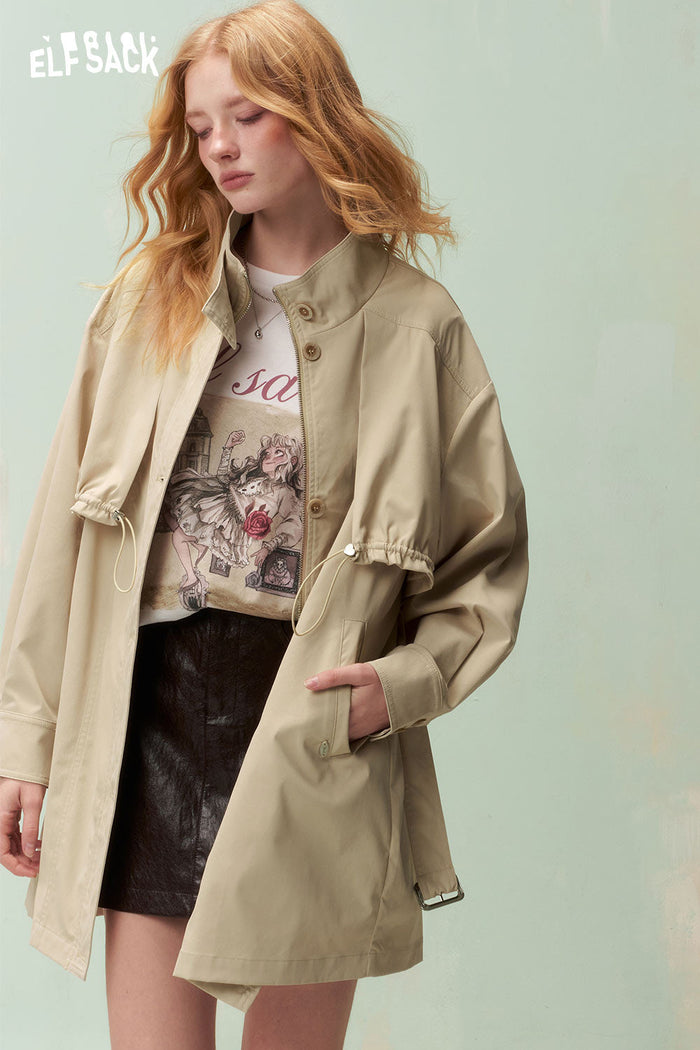 ELFSACK Minimalist Drawstring Waist Belt Beige Trench Coat