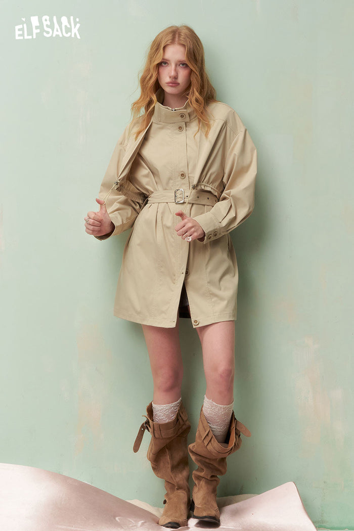 ELFSACK Minimalist Drawstring Waist Belt Beige Trench Coat