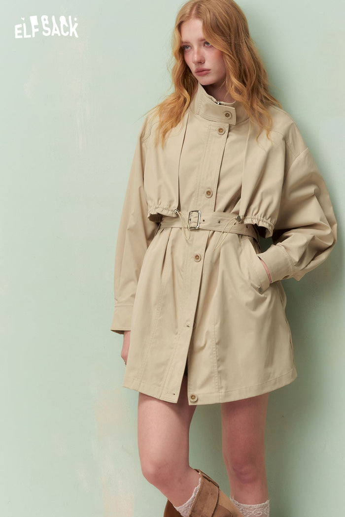 ELFSACK Minimalist Drawstring Waist Belt Beige Trench Coat