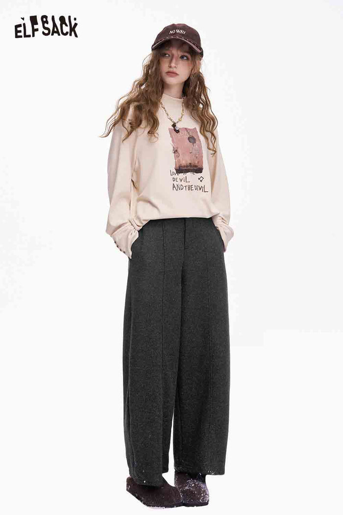 ELFSACK Minimalist Solid Casual Loose Pocket Wide Leg Pants