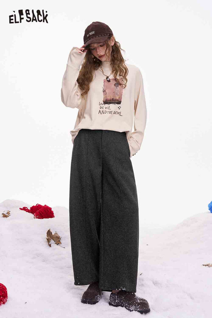 ELFSACK Minimalist Solid Casual Loose Pocket Wide Leg Pants