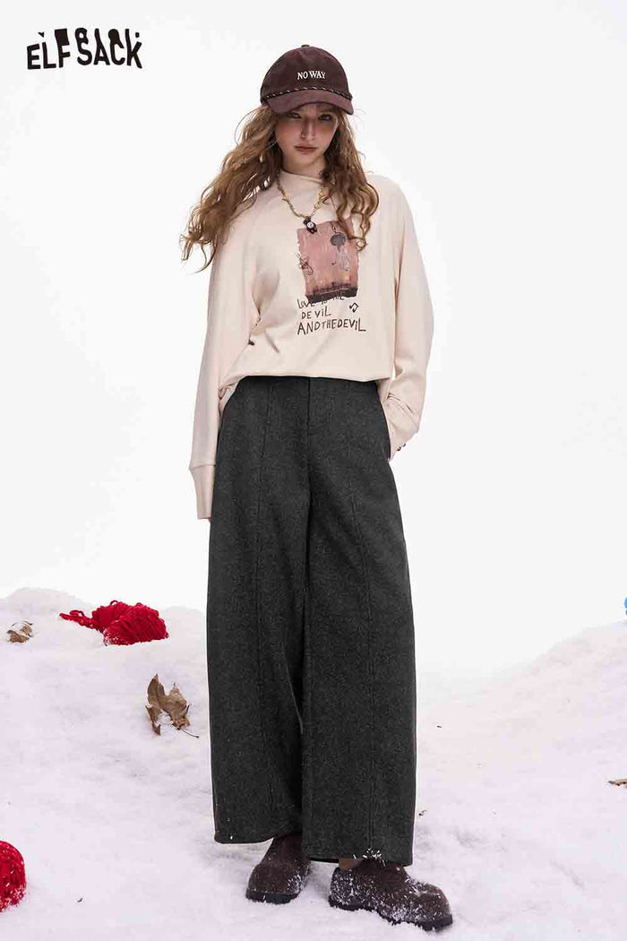 ELFSACK Minimalist Solid Casual Loose Pocket Wide Leg Pants