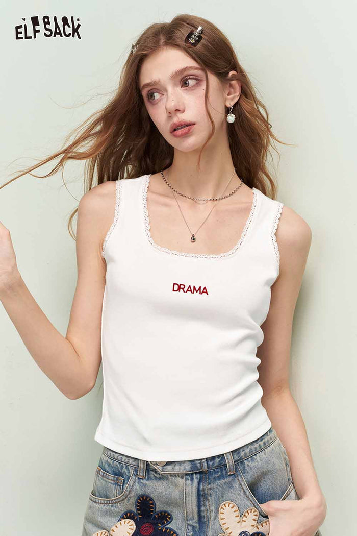ELFSACK Minimalist Versatile Lace Trim Letter Print Camisole