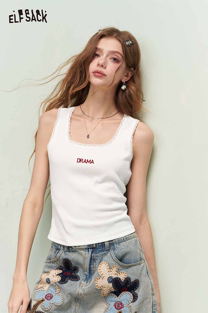 ELFSACK Minimalist Versatile Lace Trim Letter Print Camisole
