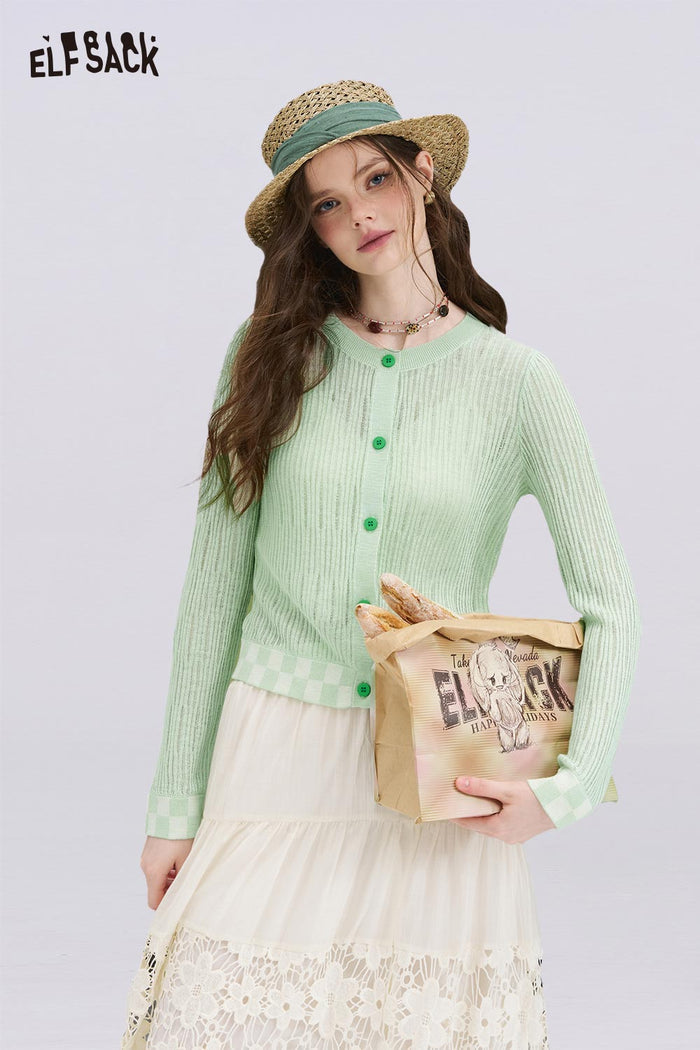 ELFSACK Mint Mambo Checkered Patchwork Knit Cardigan