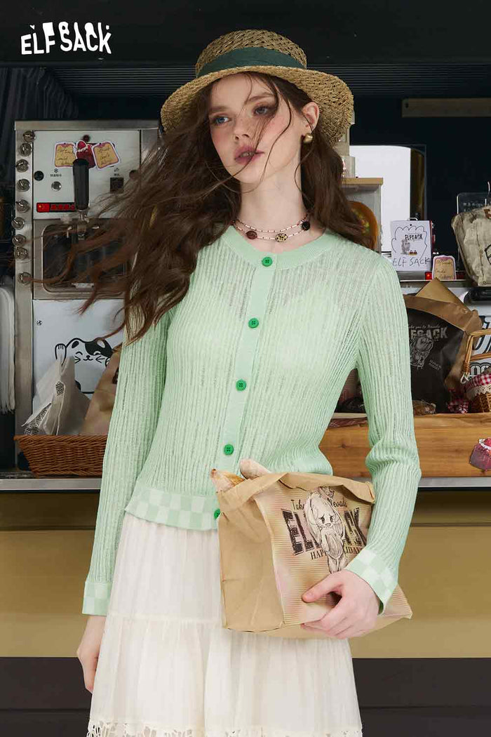 ELFSACK Mint Mambo Checkered Patchwork Knit Cardigan