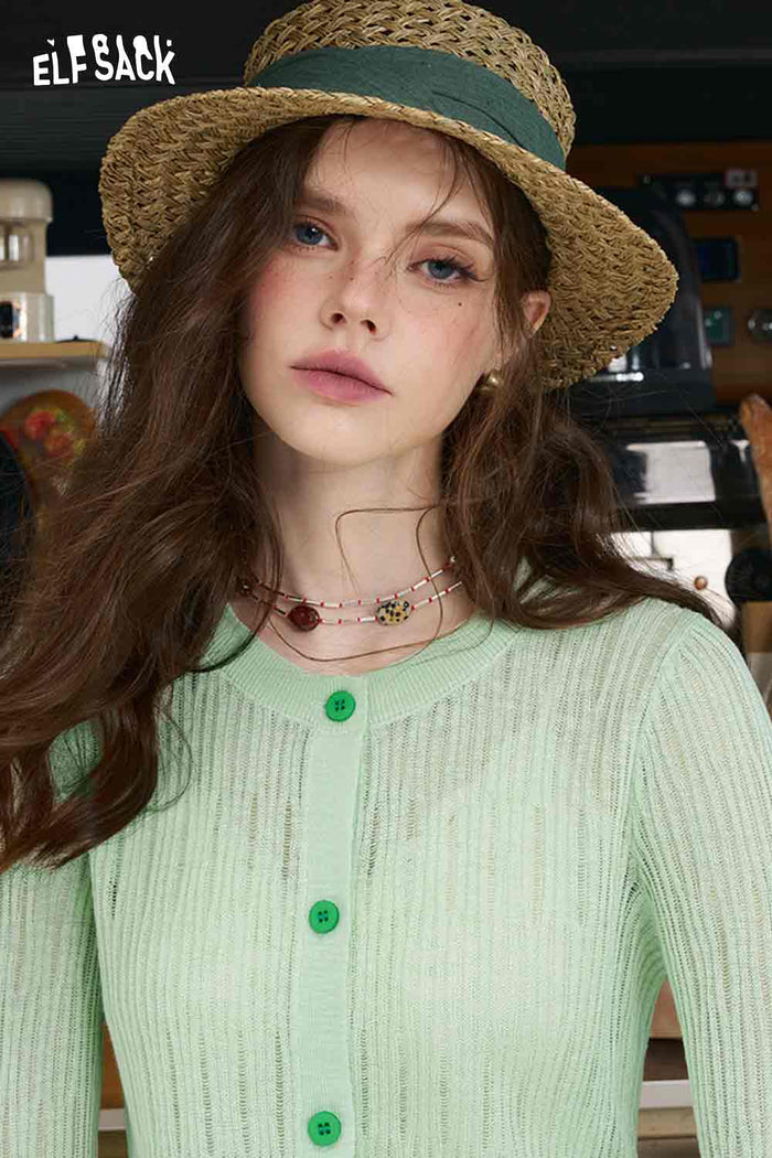 ELFSACK Mint Mambo Checkered Patchwork Knit Cardigan