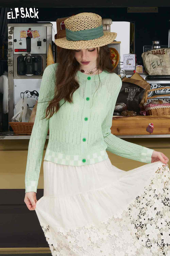 ELFSACK Mint Mambo Checkered Patchwork Knit Cardigan
