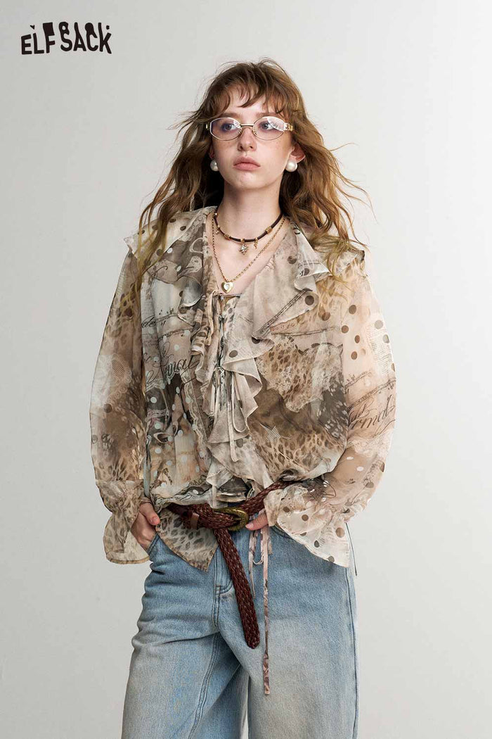 Mixed Print Ruffle Tie Front Long Sleeve Blouse