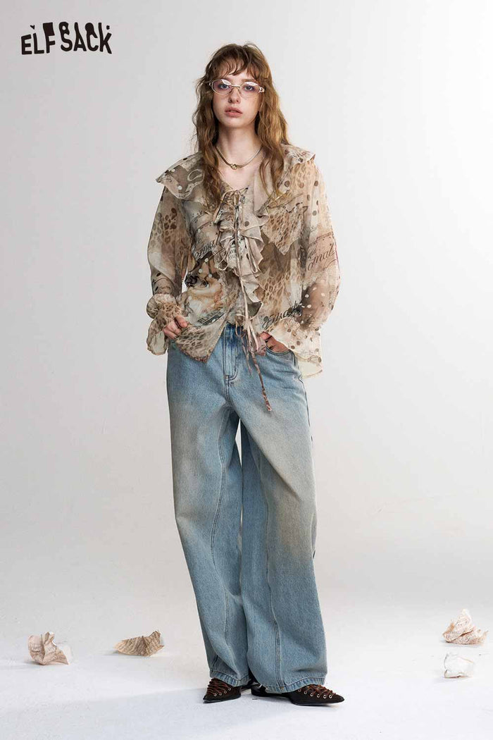 Mixed Print Ruffle Tie Front Long Sleeve Blouse