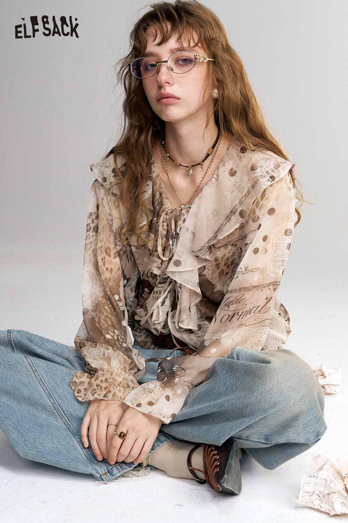 Mixed Print Ruffle Tie Front Long Sleeve Blouse