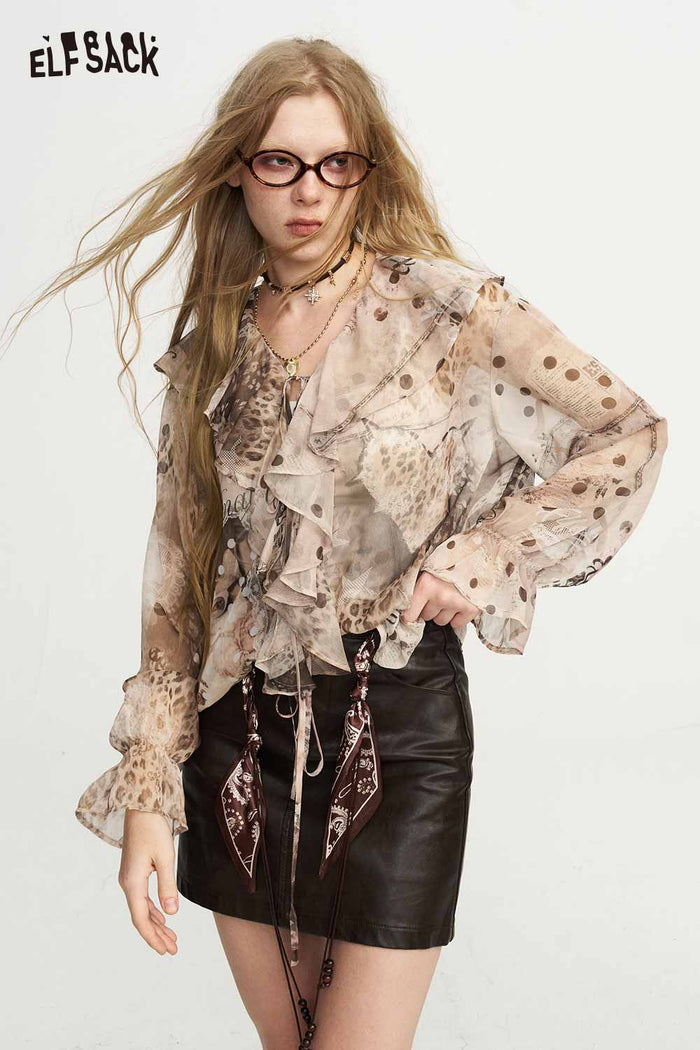 Mixed Print Ruffle Tie Front Long Sleeve Blouse