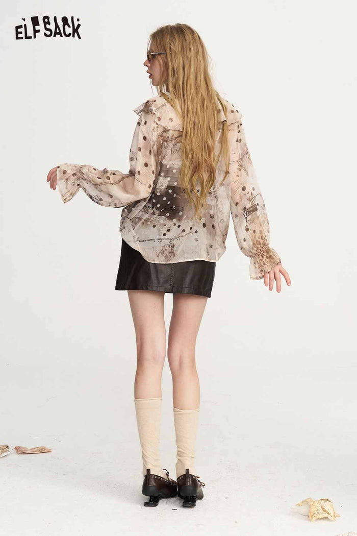 Mixed Print Ruffle Tie Front Long Sleeve Blouse