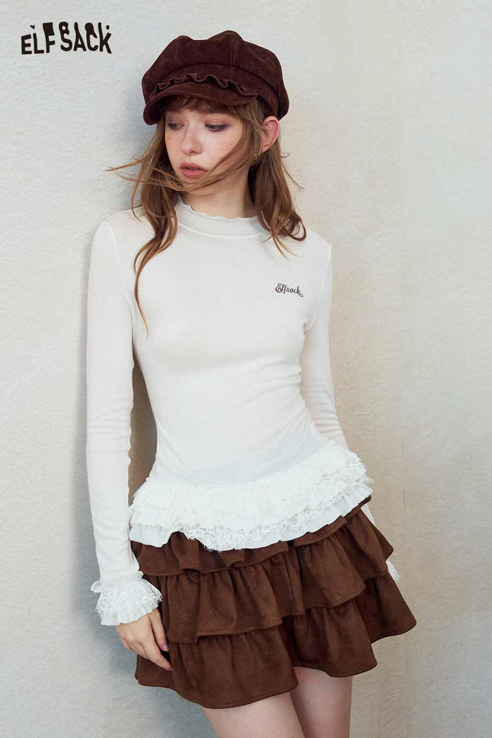 Mock Neck Ruffle Hem Long Sleeve Top