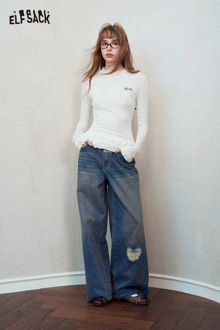 Mock Neck Ruffle Hem Long Sleeve Top