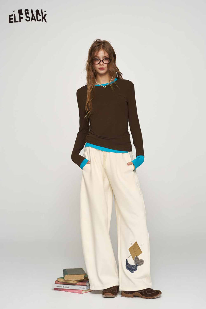 Mock Two Piece Fox Embroidery Asymmetric Tee