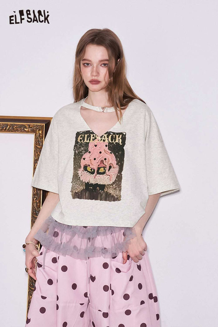 ELFSACK Monster Cat Print Crop T-Shirt