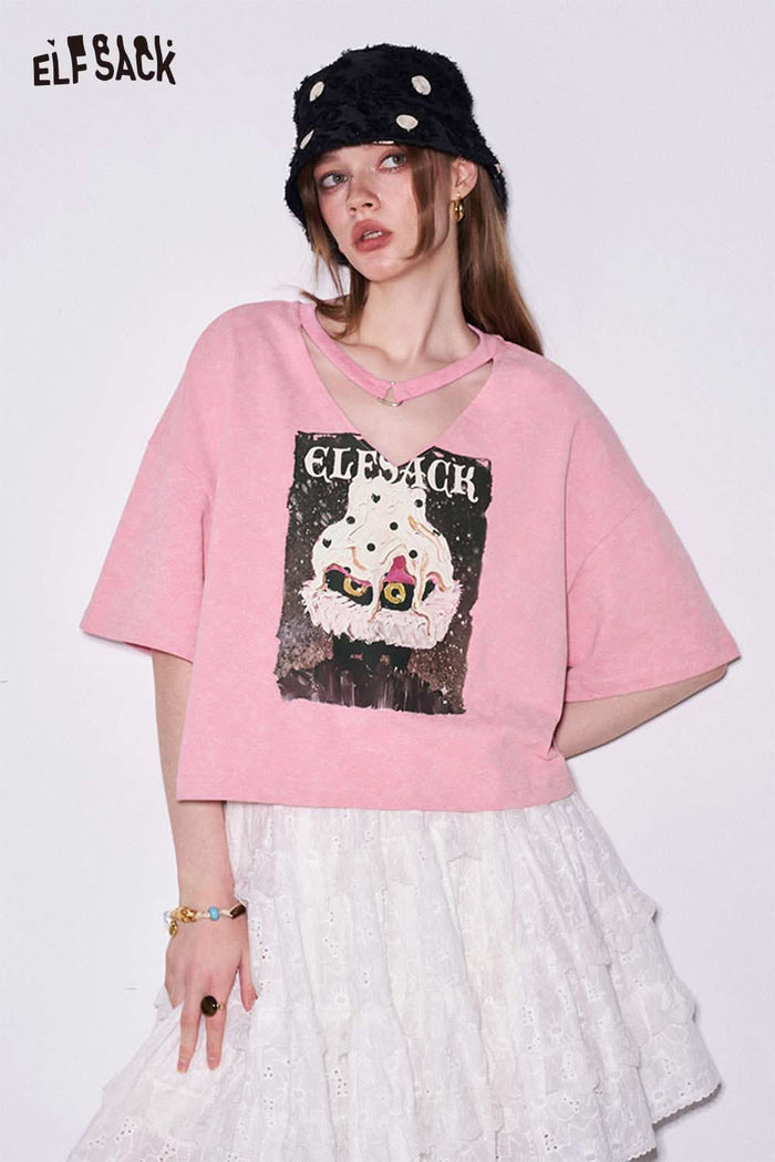 ELFSACK Monster Cat Print Crop T-Shirt