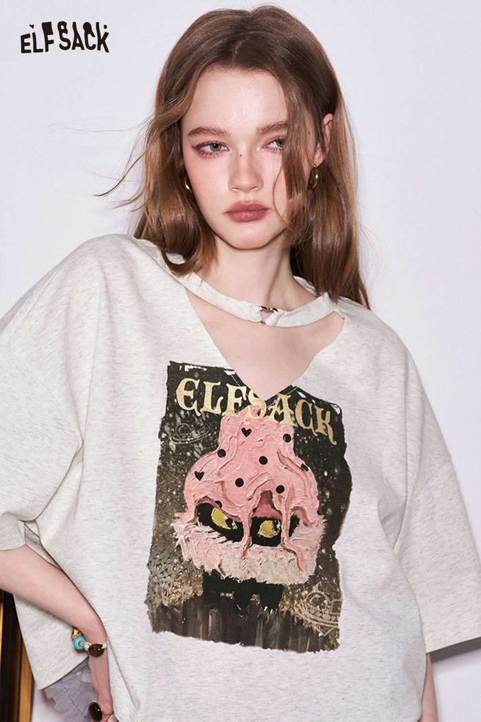 ELFSACK Monster Cat Print Crop T-Shirt