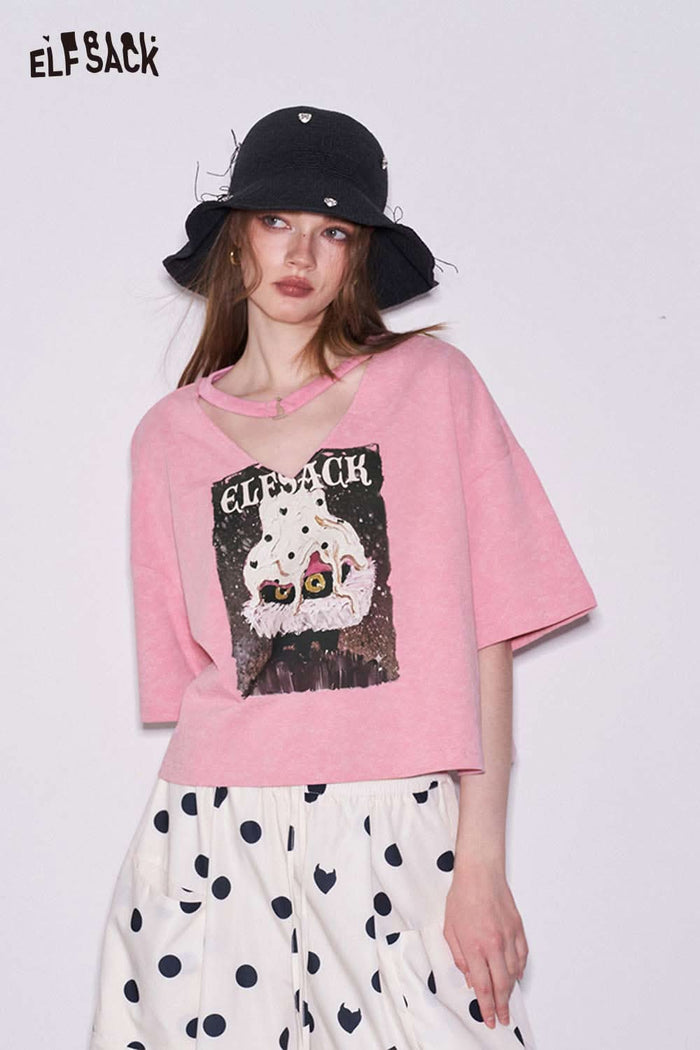 ELFSACK Monster Cat Print Crop T-Shirt