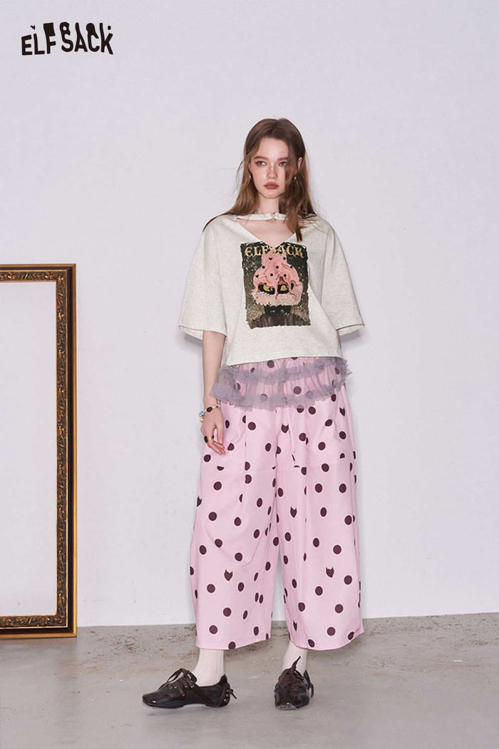 ELFSACK Monster Cat Print Crop T-Shirt