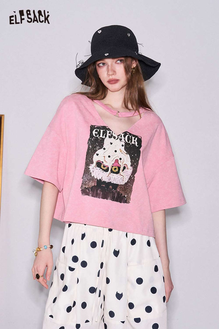 ELFSACK Monster Cat Print Crop T-Shirt