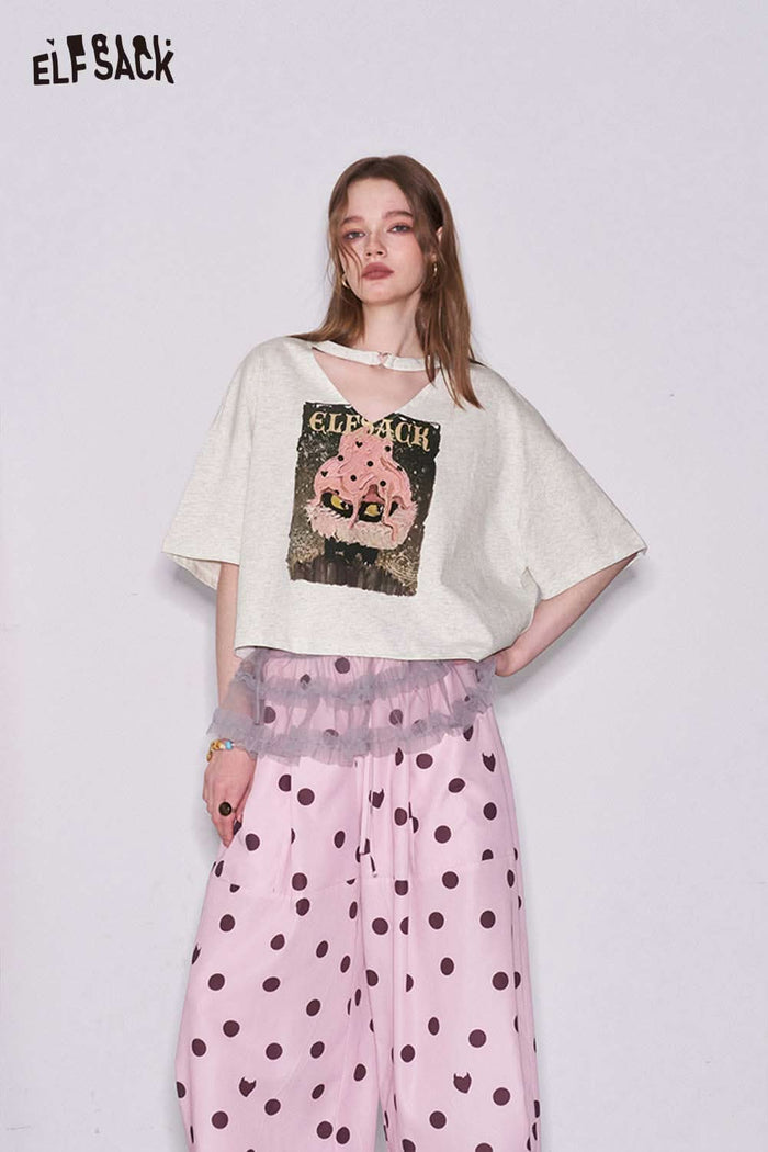 ELFSACK Monster Cat Print Crop T-Shirt
